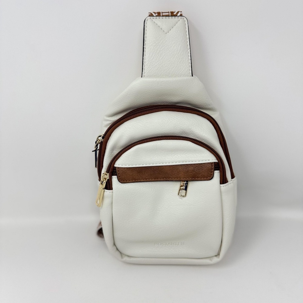 BOSTANTEN Sling Bag Womens Small Beige Faux Leather Crossbody Zip Pockets Travel
